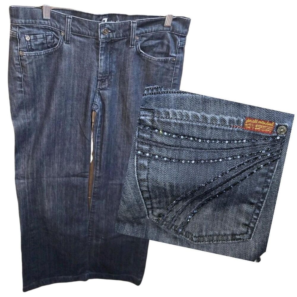 7 For All Mankind DOJO Sz31 Straight Leg Rhinestone Logo Back Pockets Boho Jeans